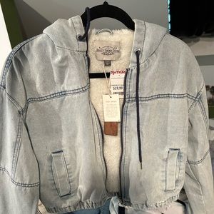 Denim fleece lined cropped zip up